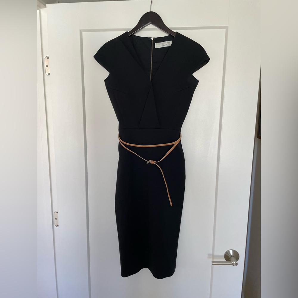 Victoria Beckham cap sleeved dress with full length back zip, wrap leather belt